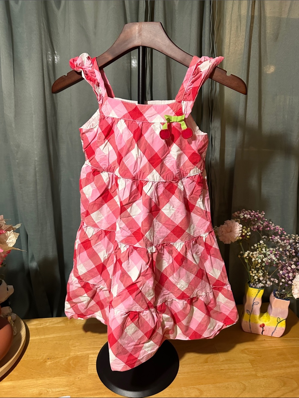Gymboree Pink and White Gingham Tiered Sundress with Cherry Accent